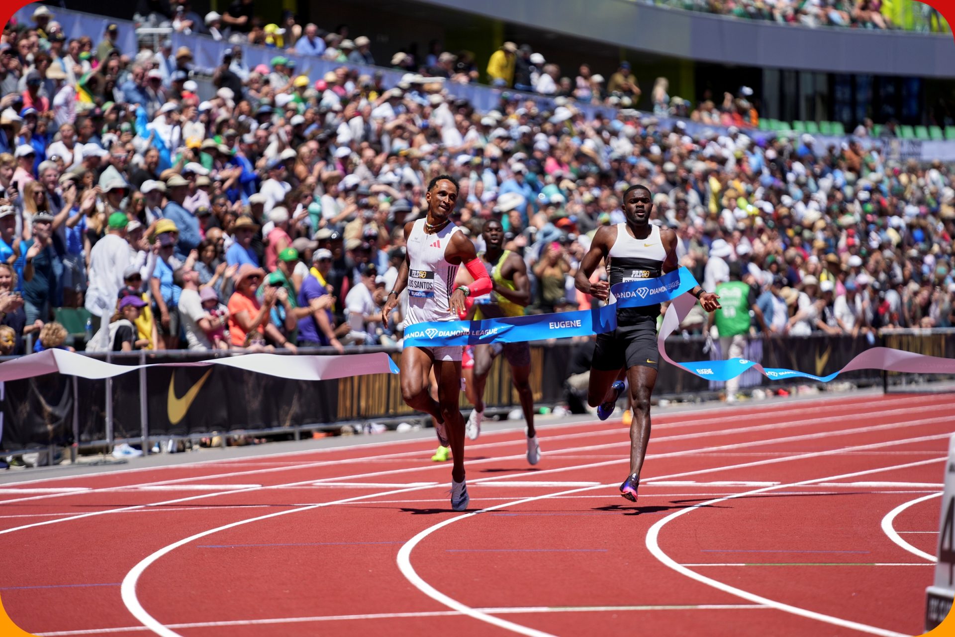 Alison Dos Santos (BRA) wins the Men's 400m Hurdles in a time of 46.65 with Nigeria's Ezekiel Nathaniel third at The 50th edition of The Prefontaine Classic, part of the Wanda Diamond League, on Saturday 5th July 2025 / Photo: Matthew Quine For Diamond League AG