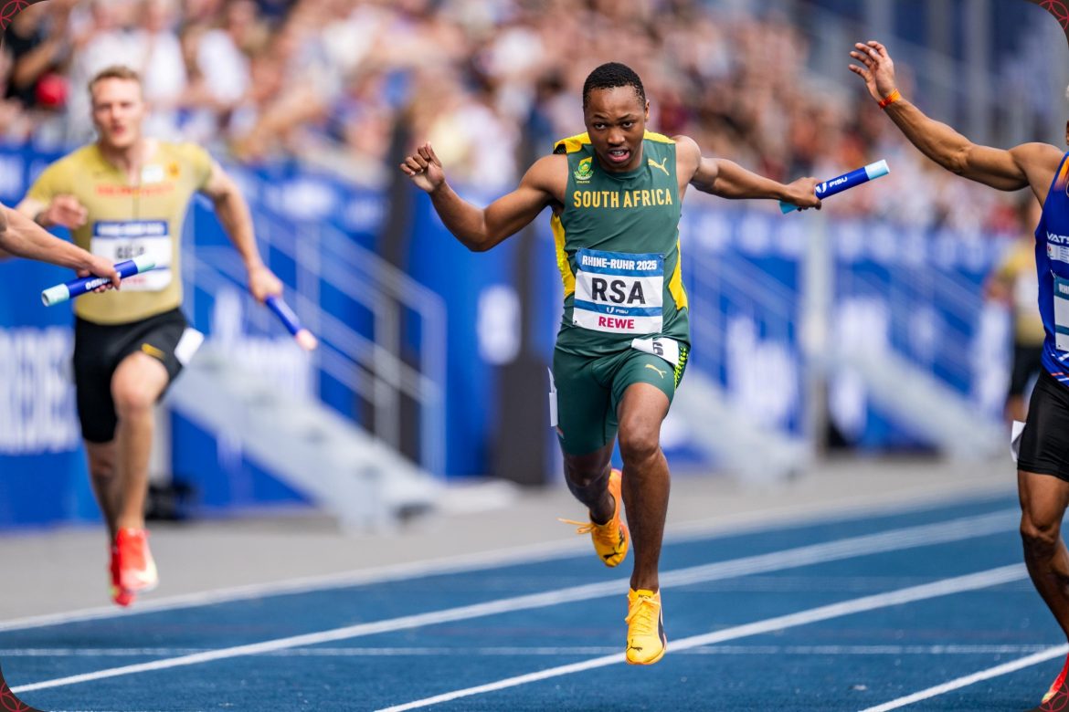 Bayanda Joy Walaza of South Africa crosses the finish in second during the Men's 4 x 100m Relay Final at the Rhine-Ruhr 2025 FISU Games in Bochum on Sunday 27/07/2025 | Photo credit: Kevin Voigt / Rhine-Ruhr 2025