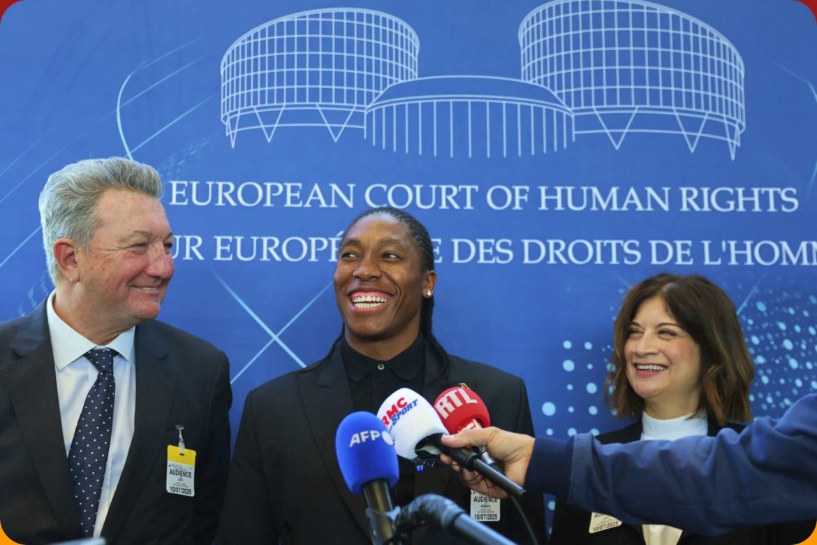 South African Double Olympic champion Caster Semenya with lawyers Gregory Nott and Shona Jolly KC after Semenya won a partial victory at the European Court of Human Rights in Strasbourg, eastern France on Thursday, July 10, 2025 / Photo credit: Antonin Utz for AP