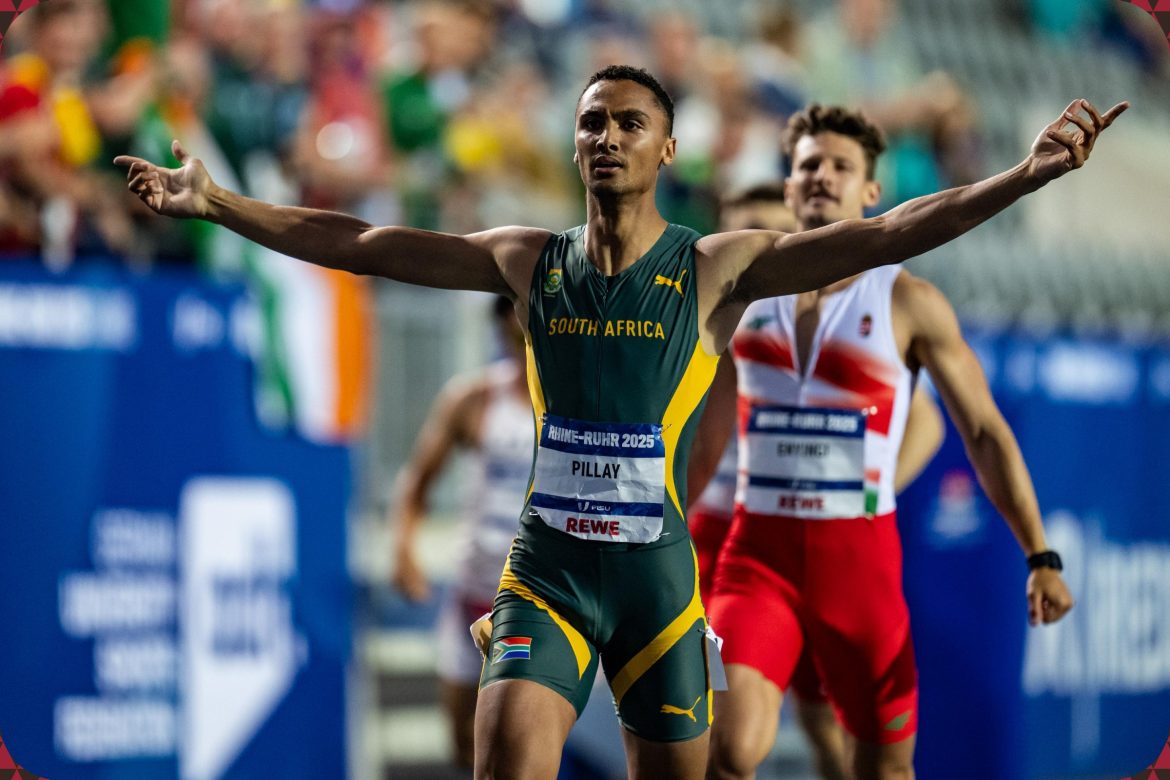 Lythe Tyresse Pillay of South Africa celebrates winning the Men's 400m Final at the Rhine-Ruhr 2025 FISU Games in Bochum on Wednesday 23/07/2025 | Photo credit: Kevin Voigt / Rhine-Ruhr 2025