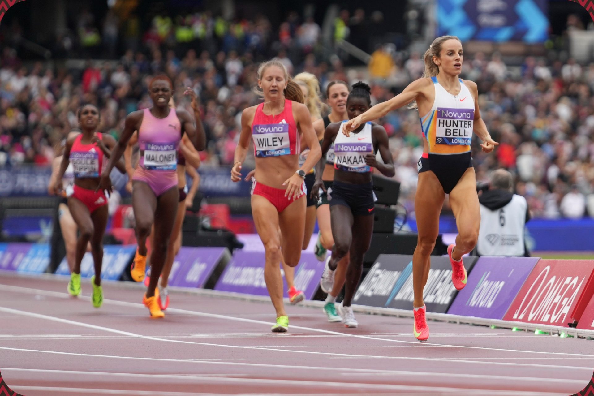 Georgia Hunter Bell (GBR) wins the women's 800m with a season's best time of 1:56.74 at the Novuna London Athletics Meet, part of the Wanda Diamond League, in London on July 19, 2025 / Photo: Melissa Gresswell for Diamond League AG