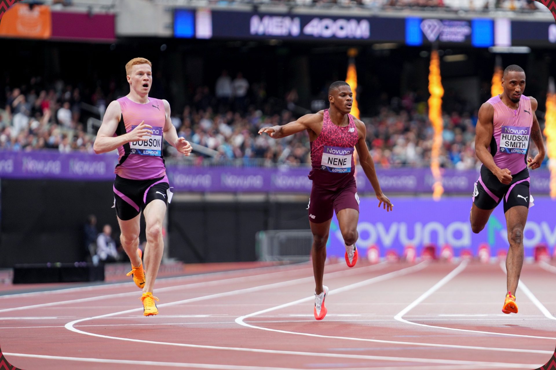 Charles Dobson (GBR) edges Zakithi Nene (RSA) to win the men's 400m with a new personal best time of 44.14 at the Novuna London Athletics Meet, part of the Wanda Diamond League, in London on July 19, 2025 / Photo: Melissa Gresswell for Diamond League AG