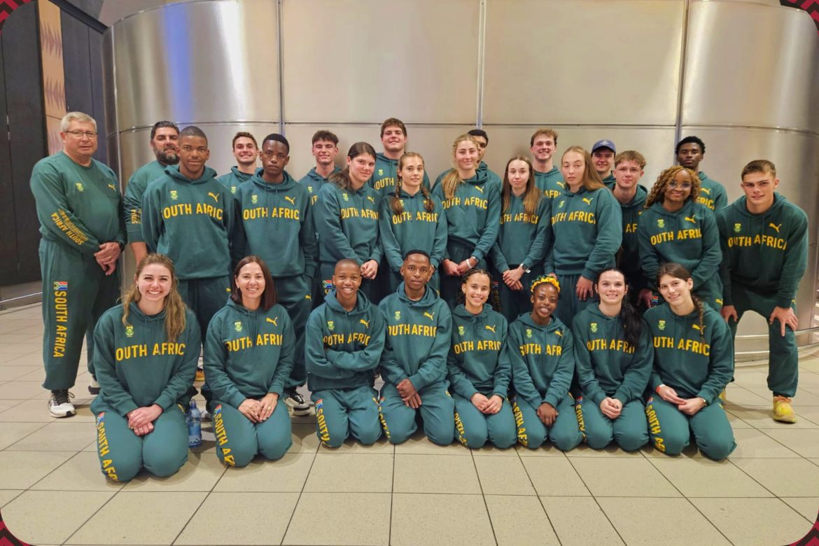 Pre-departure photo of South African athletes for CAA Abeokuta 2025 at the OR Tambo International Airport, Johannesburg / Photo credit: Cecilia van Bers