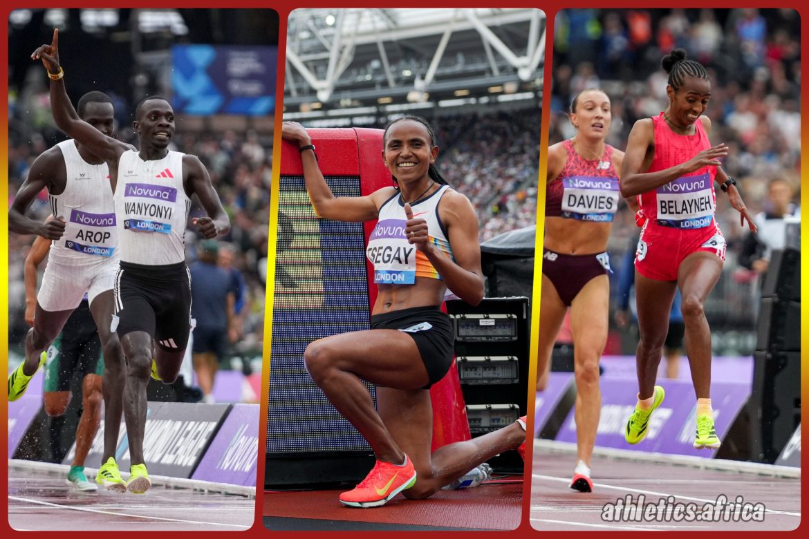 Kenyan Emmanuel Wanyonyi, Ethiopians Gudaf Tsegay and Medina Eisa celebrating victories at the Novuna London Athletics Meet, part of the Wanda Diamond League, in London on July 19, 2025 / Photo credit: Diamond League AG