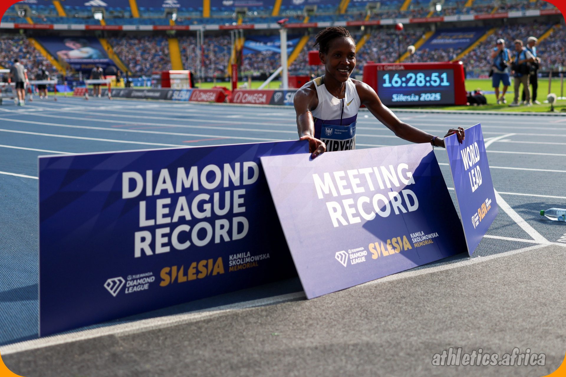 Faith Kipyegon (KEN) wins the Women’s 3000m with a time of 8:07.04 in a new World Lead, Area Record, Diamond League Record, and Meeting Record, at the Silesia Kamila Skolimowska Memorial, part of the Wanda Diamond League, on Saturday, August 16, 2025, in Silesia, Poland / Photo credit: Marta Gorczynska for Diamond League AG
