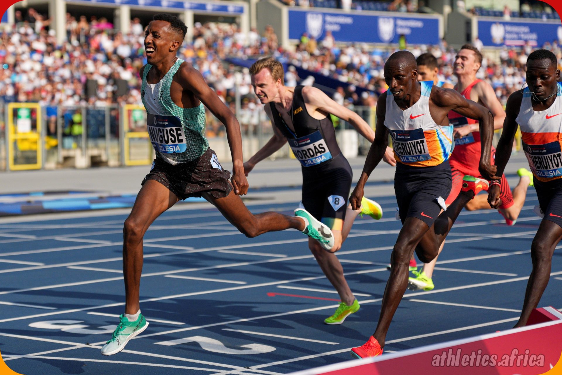 Yared Nuguse (USA) wins the Men’s 1500m with a time of 3:33.19 ahead of Kenyans Timothy and Reynold Cheruiyot at the Silesia Kamila Skolimowska Memorial, part of the Wanda Diamond League, on Saturday August 16, 2025 in Silesia, Poland / Photo: Dan Vernon for Diamond League AG