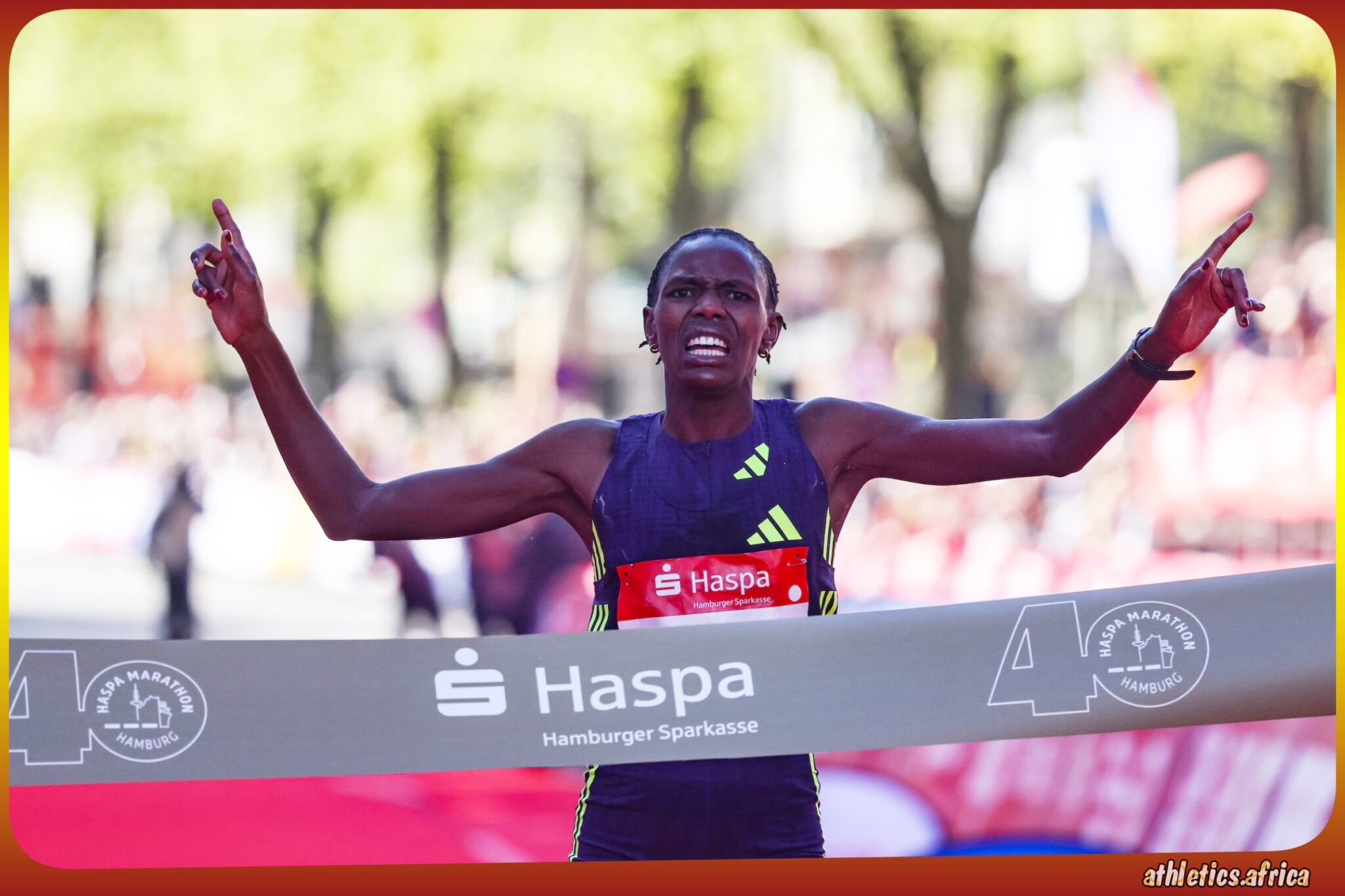 Brillian Kipkoech of Kenya winning in Hamburg on Sunday April 26, 2026 / Photo credit: Haspa Marathon Hamburg