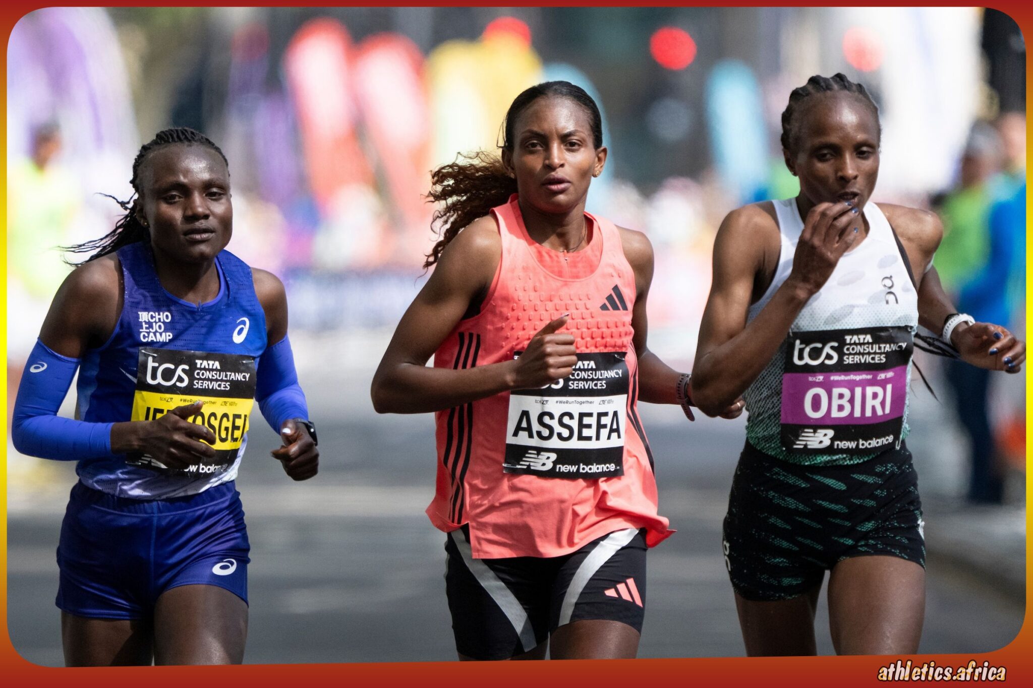Joyciline Jepkosgei, Tigst Assefa and Hellen Obiri in action at the 2026 London Marathon / Photo credit: TCS London Marathon