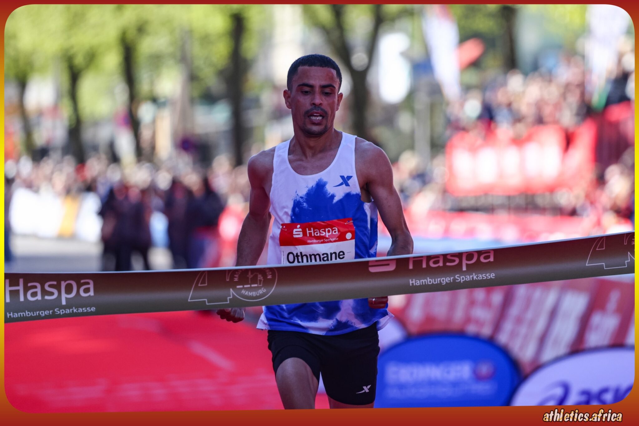 Moroccan Othmane El Goumri winning in Hamburg on Sunday April 26, 2026 / Photo credit: Haspa Marathon Hamburg