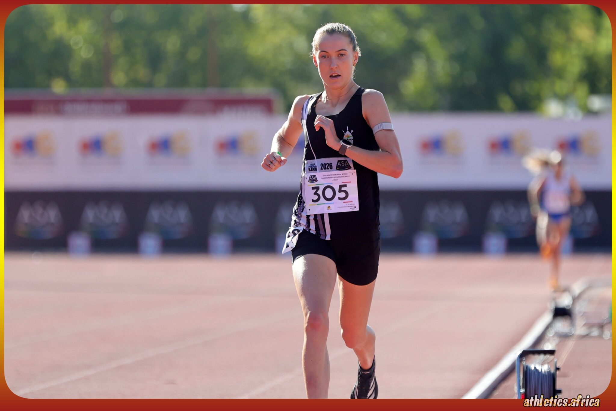 Tayla Kavanagh winning the Women's 5000m Final on Day 1 of ASA Senior Track and Field Championships at Coetzenburg Athletics Stadium in Stellenbosch on 16 April 2026 / Photo: Cecilia van Bers / Athletics South Africa