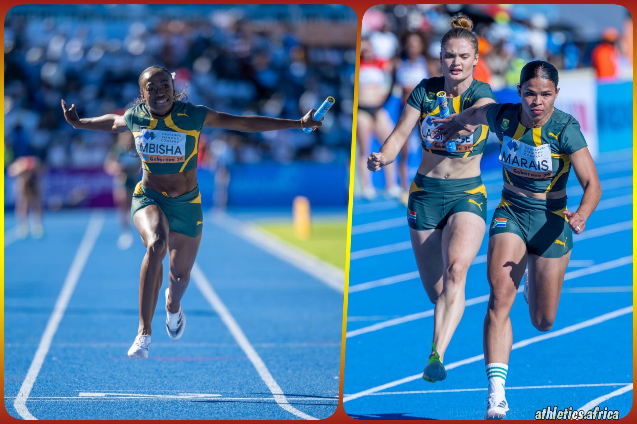 Kayla la Grange, Gabriella Marais and Joviale Mbisha of South Africa in action during the Women's 4x100 Metres Relay Heats on Day 1 of the Debswana World Athletics Relays Gaborone 26 in Gaborone, Botswana | Photo credits: Anton Geyser / Athletics South Africa