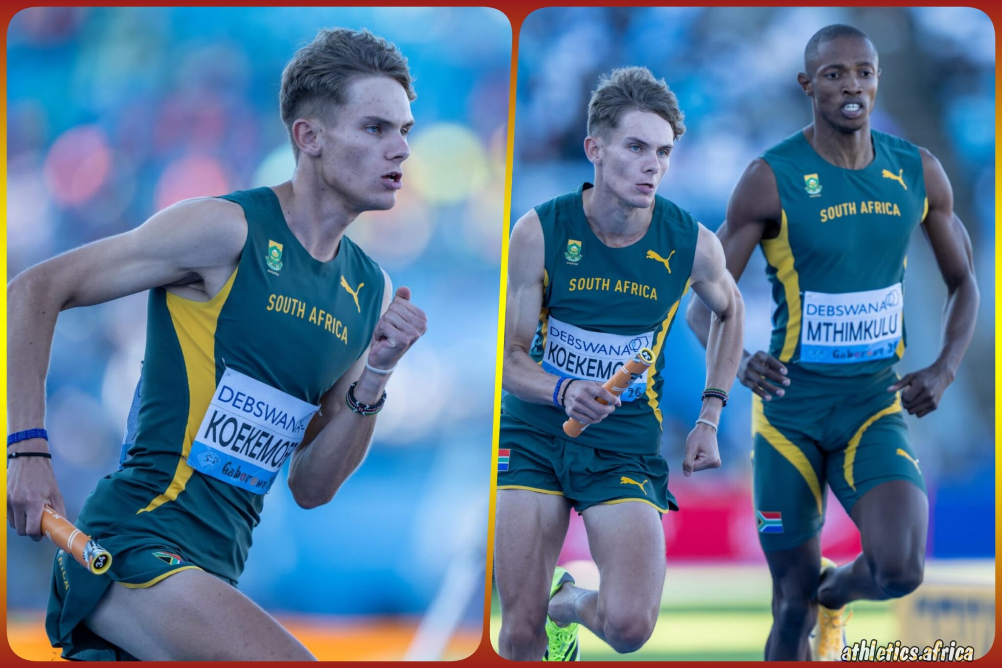 Mthi Mthimkhulu and Leendert Koekemoer of South Africa in action during the Men's 4x400 Metres Relay Heats on Day 1 of the Debswana World Athletics Relays Gaborone 26 in Gaborone, Botswana | Photo credits: Anton Geyser / Athletics South Africa