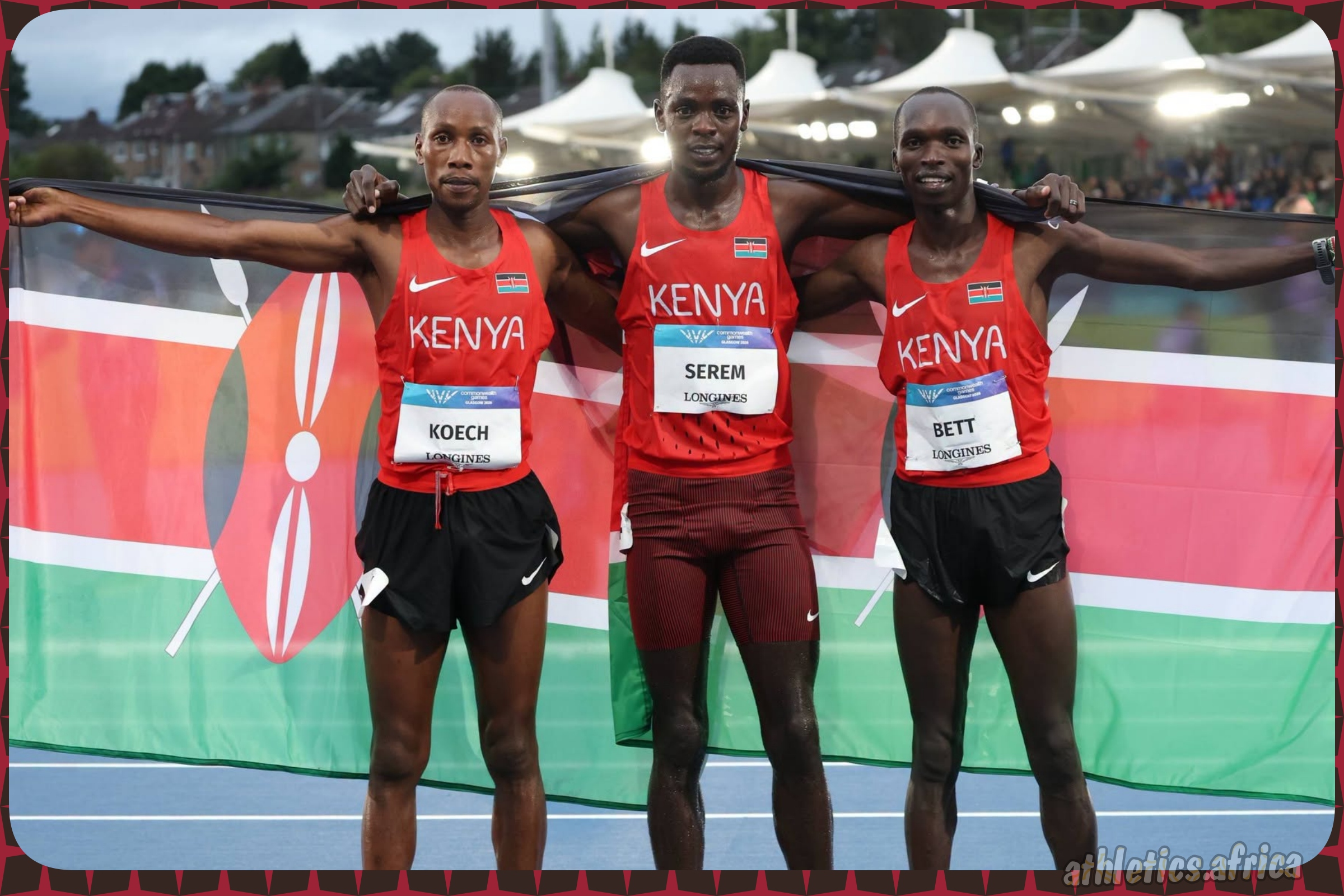Kenyans Edmund Serem, Leonard Bett and Simon Koech after taking the three medals in Men's 3000m Steeplechase Final at the 23rd Commonwealth Games in Glasgow on 27 July, 2026 / Photo credits: NOC-Kenya